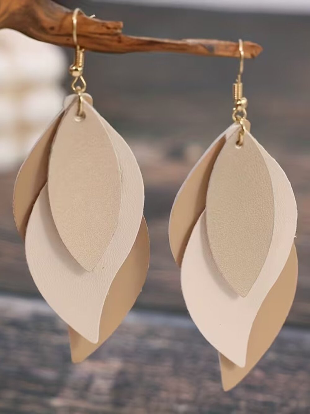 Beige & Cream Layered Leaf Drop Earrings